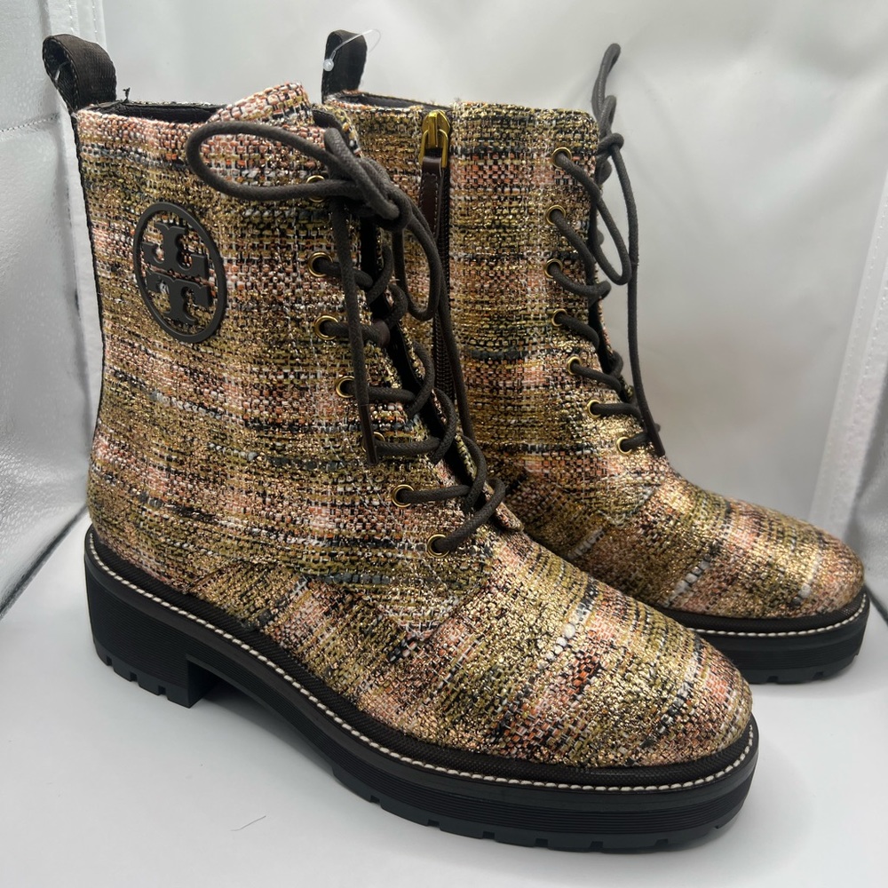 TORY BURCH MILLER 50MM LUG SOLE BOOT ROSEGOLD METALLIC TWEED BROWN LOGO - Picture 1 of 12